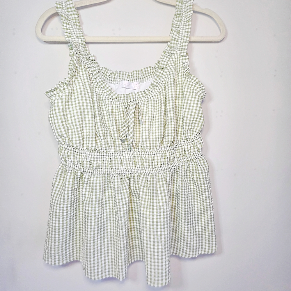 LC Lauren Conrad Green Gingham Ruffle Peplum Top ✨️EUC✨️ Sz Medium